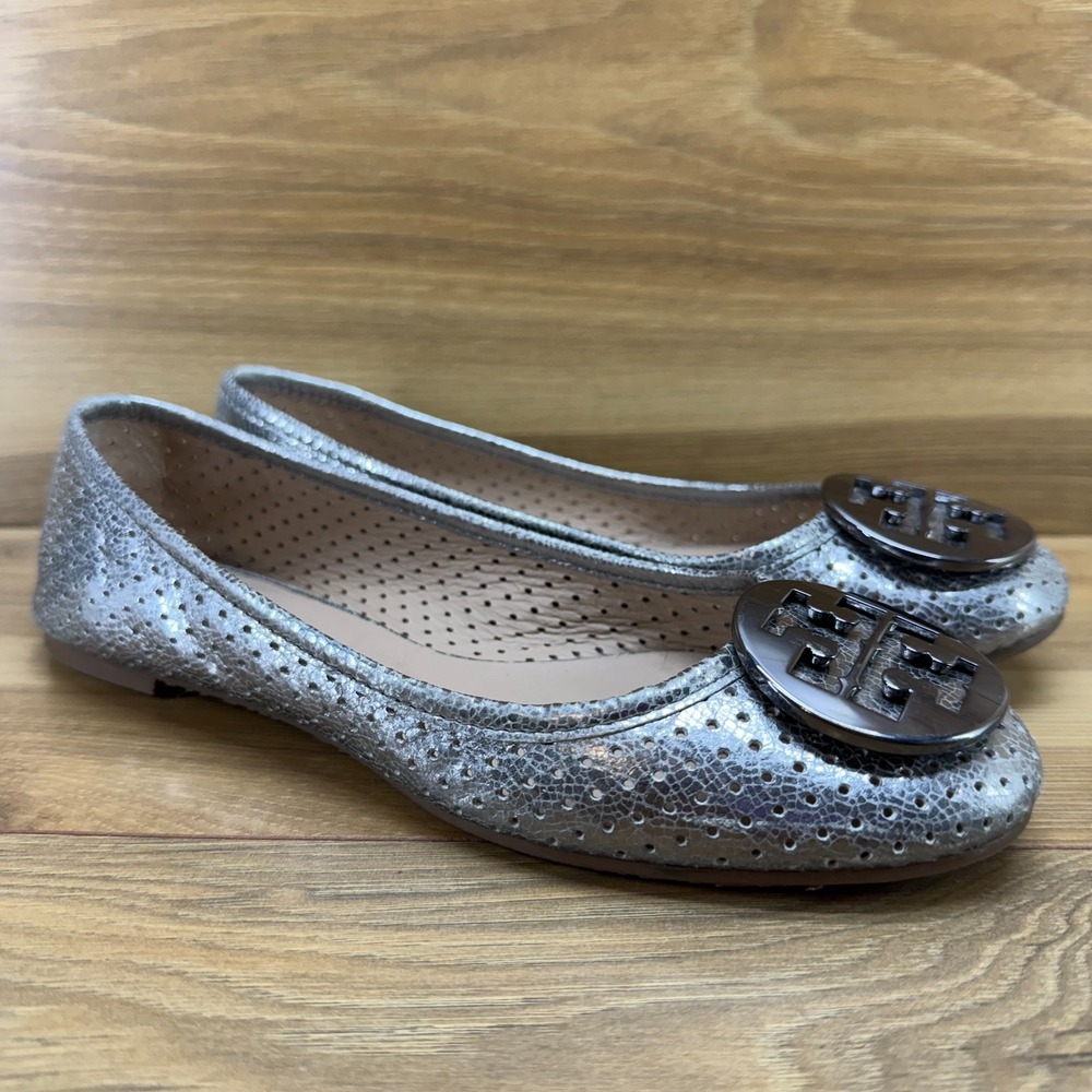 Tory Burch Reva Flats Perf Leather Womens 9 M Pewter Gunmetal Modern Office